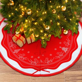 OurWarm 36 Inch Christmas Tree Skirt, Red White Tree Skirt with Christmas Tree and Holly Leaf Pattern, Small Christmas Tree Mat Rustic Farmhouse Ornaments for Holiday Party Christmas Decorations