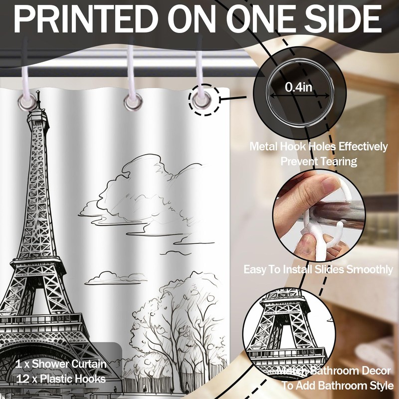 DLTAY Eiffel Tower Shower Curtain Paris French City White Bathroom