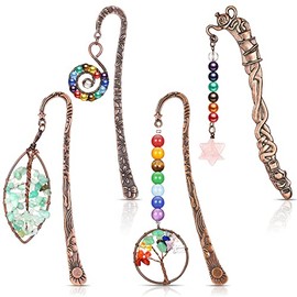 4 Pcs 7 Chakra Crystal Bookmark Antique Copper Metal Bookmark Beading Bookmarks Healing Stone Vintage Bookmarks Tumbled Gemstones Book Markers for Student Office Birthday Present