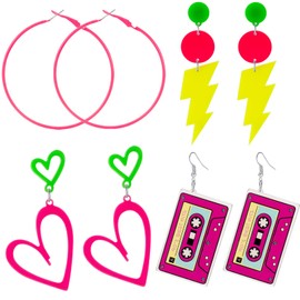 80s Neon Earrings,4 Pairs Hot Pink Hoop Heart Lightning Cassette Neon Earrings 90s 80s Outfit Accessories for Women Party Gifts, Medium, Alloy Steel, No Gemstone