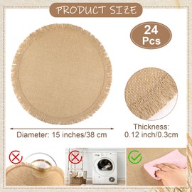 Aneco 24 Pcs Jute Placemats, 15 Inch Round Burlap Placemats, Boho Natural Jute with Fringe Table Mat, Heat Resistant Natural Farmhouse Table Mats for Wedding Birthday Party Dining Tables Decor