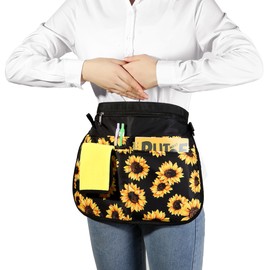 Waterproof Server Apron for Women with 5 Pockets,Quickly Put on and Take off Waitress Aprons,Work Apron for Bartender Barista, Sunflower, Small