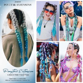 Rainbow Ponytail Extensions with Hair Tie 1 Packs 100g Coloured Ponytail for Braiding 26 inch Colorful Mermaid Extensions Synthetic Gradient Silver Light Blue Deep Sea Blue for Girl Women