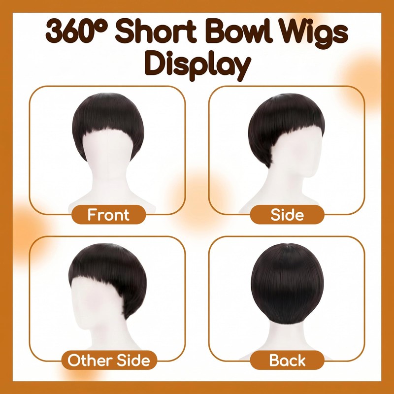 Thhiit 5 Pcs Bowl Cut Wig Set, Funny Black Bangs