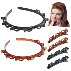 HLTOO 6PCS Acrylic Braided Hair Clips, Bangs Hairstyle Hairpin Headband with Clips, Toothed Headband Braid Tool, for Women and Girls Hair Styling Accessories, 2 Colors (Black and Brown)