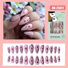 Pink Press on Nails Medium Length Almond Fake Nails Peach Blossom Stick on Nails Glossy Glue on Nails Full Cover Acrylic False Nails Flower Artificial Nails Reusable Nails Kit for Women Girls 24Pcs