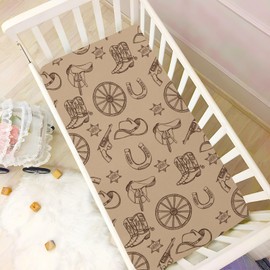 CUPADA Vintage Western Contry Theme Fitted Crib Sheet, Cowboy Hat Boots Texas Stars Crib Sheets Ultra Soft Breathable Playard Standard Crib Toddler Mattress Sheets 28x52 inches