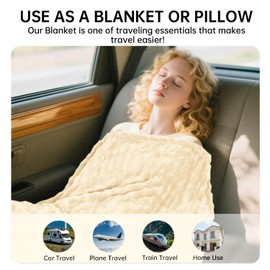 Travel Blanket and Pillow-2-in-1, Ultra-Soft&Compact, One-Piece Airplane Blanket with Hand Luggage Belt and Backpack Clip,Travelers Accessories Gifts, 61x43 Inches(White)