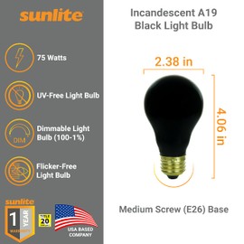Sunlite 01096 Incandescent A19 Black Light Bulb, 75 Watts, E26 Medium Base, Dimmable, Party Decoration lamp, Holiday Lighting, Household Lighting, Mercury Free, Black, 1 Count