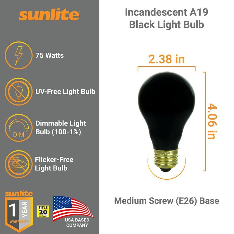 Sunlite 01096 Incandescent A19 Black Light Bulb, 75 Watts, E26