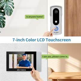 JIGATONEDA Wireless Doorbell with 1080P Camera, 7 Inch Touch Screen, WLAN Connection, Door Opener and Intercom, Motion Sensor for Front Door Security, IP65 Weatherproof, Grey