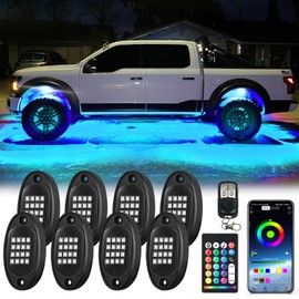 LD DARKEAGLE 8Pods RGB LED Rock Lights Kit with APP/RF Remote Control, Upgraded Underglow Light Multi Zone Bright Neon Exterior Lights Multicolor 12V Waterproof for Trucks Jeep UTV ATV Golf Cart