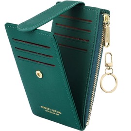 Favydov RFID Blocking Compact Slim Wallet for Women PU Leather 11 Card Holder Zipper Coin Purse Money Organizer with Keychain Dark Green