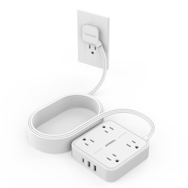 Flat Plug Extension Cord Indoor 15 Feet, Power Bars with Surge Protector, TESSAN Power Strip with 4 Multiple Outlets 3 USB Ports (1 USB C), Surge Protection for Dorm Room Home Office, White