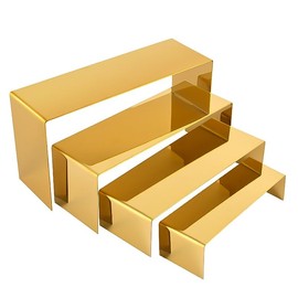 PROFIKLA 4 Pcs Gold Stainless Steel Display Risers, Display Stand for Display Cupcake Dessert Perfume Purse Handbag Shoe Jewelry and Funko Pop