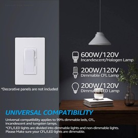 TORCHSTAR Dimmer Switch for Dimmable LED, Halogen and Incandescent Bulbs, 200W/Single-Pole or 3-Way, 120V Slide Dimmer Switch, ETL-Listed, Pack of 2