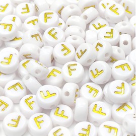 Bxwoum 100PCS 4x7mm White Round Acrylic with Gold Alphabet Letter F Beads for Jewelry Making Bracelets Necklaces Key Chains (F-100PCS)