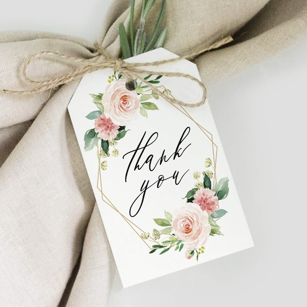 Bliss Collections Geometric Floral Favor Thank You Tags — Greenery, Pink Blush Flower Design, Perfect for: Wedding Favors, Baby Shower, Bridal Shower, Birthday or Special Event — 50 Pack