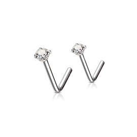 Twilight London 2 PACK Implant Grade Titanium L Bar Nose Studs, Classic 2 and 3mm Crystal Design, Hypoallergenic Newly Pierced Safe, Perfect for Men and Woman,