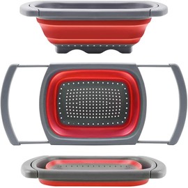 Collapsible Colander, Red Food Strainer Over the Sink Colanders Strainers with Extendable Handles, 6-Quart, Dishwasher-Safe Kitchen Folding Strainer for Pasta, Vegetables and Fruits by Polerce