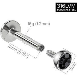 Bling Piercing 3pc 16g 6mm 1/4 Labret Stud Lip Ring Internally Threaded Snake Bite Conch Forward Helix Monroe Tragus Jet