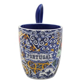 Portuguese Rooster Sardine Azulejo Ceramic Espresso Set - With Spoon & Gift Box - Traditional Tile Design, Coffee Lover's Gift - 4oz Capacity, Small