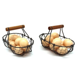 CVHOMEDECO. Oval Chicken Wire Egg Baskets Rust Collection Baskets with Wooden Handle Country Vintage Style Storage Baskets Set of 2