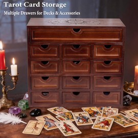 Large Wooden Tarot Card Holder Box - 13.4" x 11.6" x 6.4’’ Tarot Deck Storage Box, Witchy Gifts for Women, Tarot Accessories Witchcraft Astrology Decor Wood Boxes, Crystal Stones Herbs Storage Box