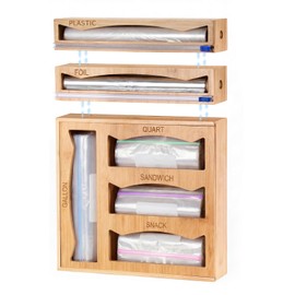 6 in 1 Storage Bag Organizer Kitchen Drawer, Bamboo Foil and Plastic Wrap Dispenser with Slider Cutter, Kitchen Bag Organizer for Quart, Gallon, Sandwich and Snack Bags
