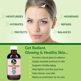 Moringa Energy Life Moringa Energy Life Moringa Oil 8 oz C 100% Pure Moringa Seed Oil, Cold-Pressed for Face, Skin and Hair, Body, Oil