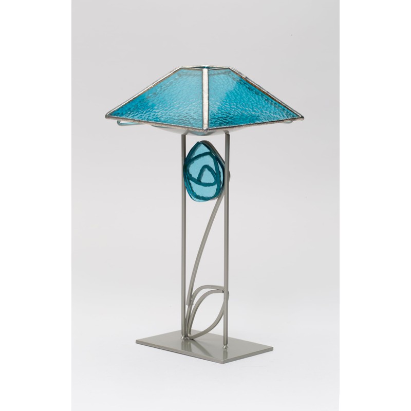 Modern Teal Blue Glass & Metal Tea Light Candle Holder,