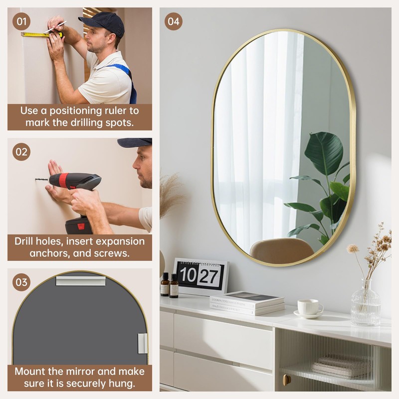 JENBELY Gold Oval Mirror, 17x30 Inch Pill Shaped Metal Frame