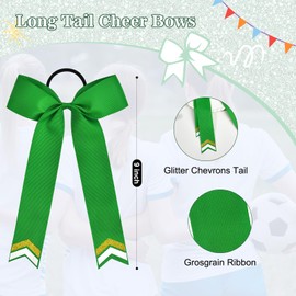 DEEKA 12PCS Collegiate Style Cheer Bows with Glitter Chevrons Tail Skinny College Cheerleader Ponytail Holder for Volleyball Softball Girls (Green/Gold/White)