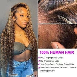 Yuzhou Grace 13x4 Highlight Ombre Lace Front Wig Human Hair Colored 4/27 Honey Blonde Lace Frontal Wigs for Black Women Human Hair Glueless Deep Wave Brown Wig with Baby Hair 150 Density