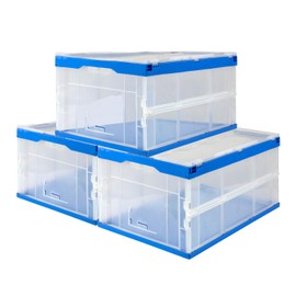 Mount-It! Folding Plastic Storage Crate, Collapsible Utility Distribution Container with Attached Lid, 23x15x13 Inches, 65L Liter Capacity, Clear (SET OF 3)