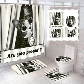 Yeoiat 4 Pcs Cat Shower Curtain Sets Funny Shower Curtain Set are You Pooping Shower Curtain Sets Bathroom Decor with 12 Hooks Cat-A 72"x72"