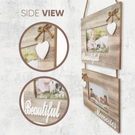 Beautiful Memories Rustic Picture Frame - Double Hanging Photo Frame for Two 4x6" Pictures. Packaged to Inspire and Delight, Shabby Chic Cottage Decor, Whitewash Style Wood Foto Frame
