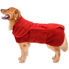 Dog Drying Coat Dressing Gown Towel Robe pet Microfibre Super Absorbent Anxiety Relief Designed Puppy fit for xs Small Medium Large Dogs - Red - XXXL