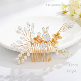 Foyte Gold Bridal Hair Comb Rhinestone Pearl Hair Piece Leaf Bridesmaid Hair Accessories Wedding Crystal Headpiece for Party Prom Pageant