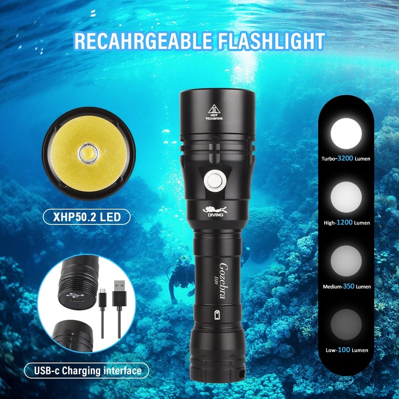 GoZebra Diving Flashlight, D20 3200 Lumen Scuba Dive Light, Rechargeable