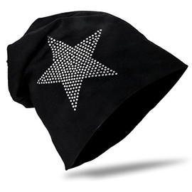 Unisex Children’s Jersey Slouch, Beanie, Long Beanie with Rhinestone Star, Cotton, Trendy, Unisex - Black , size: 54-58
