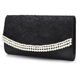 Plex 3-Way Pearl Beaded Clutch Bag, Party Bag, Women's, Pleated Lace, Black (lace type)