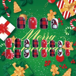 Santa Claus Press on Nails Grid Christmas Hats False Nails Glossy Xmas Short Square Fake Nails Gel Glue on Nails Christmas Tree Stick on Nails for New Years Gifts DIY 24 Pcs Merry Christmas