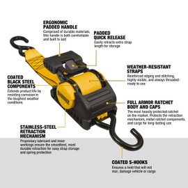 DEWALT DXBC9002 Black/Yellow 2” x 10’ Auto Retractable Ratchet Straps - 1,100 lb Safe Working Load / 3,300 lb Break Strength, 2 Pack