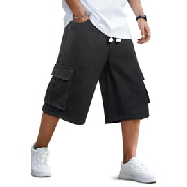 GINGTTO Mens Baggy Jorts Loose Fit Long Cargo Shorts for Men Stretch Waist Big Tall Jean Shorts Men Y2k Black 34