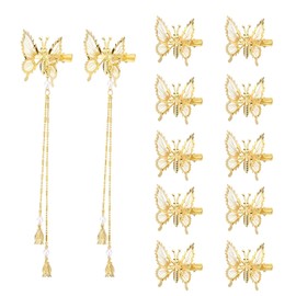 3D Fluttering Butterfly Hair Clips 12 Pieces Gold Alloy Hair Clips (2 Tassels + 10 Basic) Wedding Party Headpiece Hair Accessories for Women and Girls