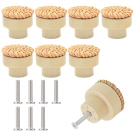 Zasvec Rattan Furniture Knobs, Pack of 8 Wooden Dresser Knobs with Screws, Cupboard Knobs, Drawer Knobs, Round Wooden Knobs for Cabinets, Decorative Cabinets, Furniture Knobs, Natural Wood Cabinet