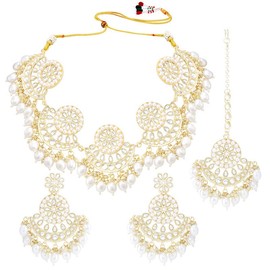 Aheli Traditional Gold Plated White Kundan Choker Necklace Dangle Earring & Maang Tikka Ethnic Jewelry Set Gift for Women