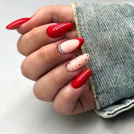 Red Fake Nails Medium Long Press on Nails Almond False Nails with Designs Daily Wear Simple Full Cover Acrylic Nails Artificial Glossy Stick on Nails for Women 24 Pcs