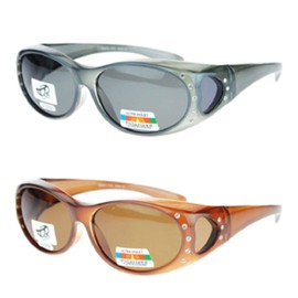 Pink Ribbon Shades, Inc. 2 Pair Polarized Rhinestone Oval Lens Shield Fit Over Reading Glasses Sunglasses (2 Pair Gray/Brown)